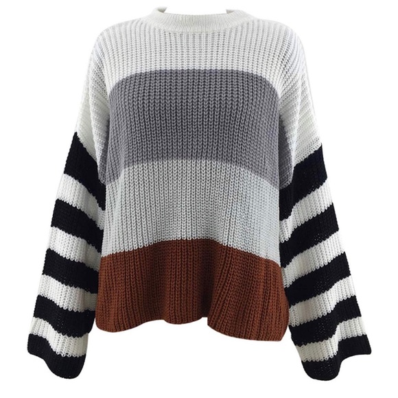 🆕 Gray & Orange Striped Color Block Sweater - Picture 7 of 9